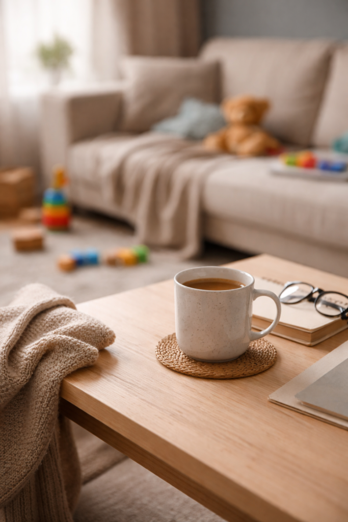 Tired mom relaxing on couch with coffe af